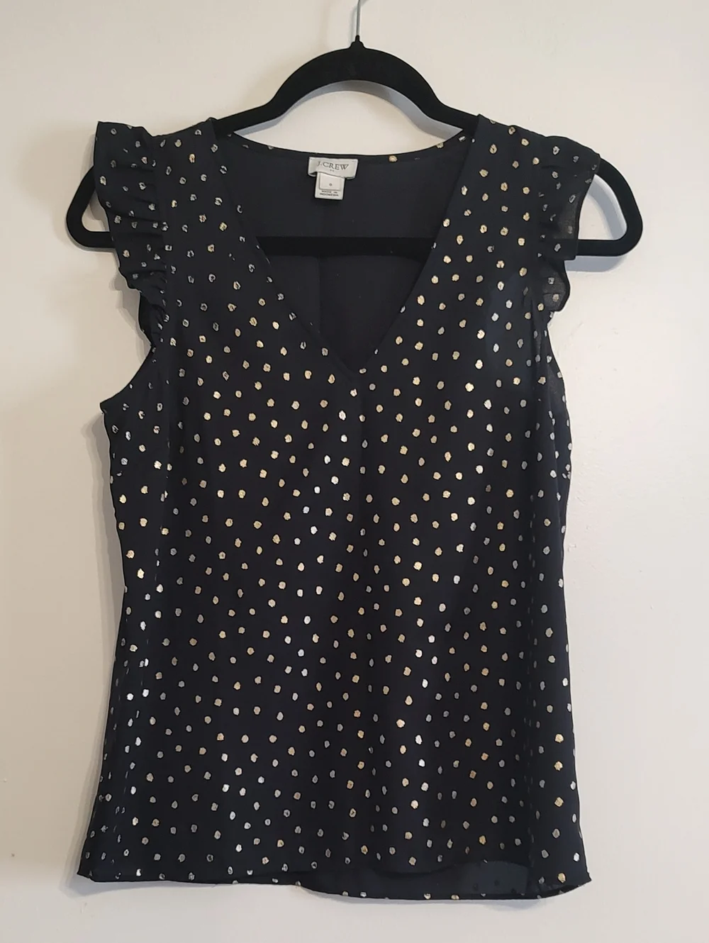 J. Crew Black V-Neck Sleeveless Top with Gold Dot Print